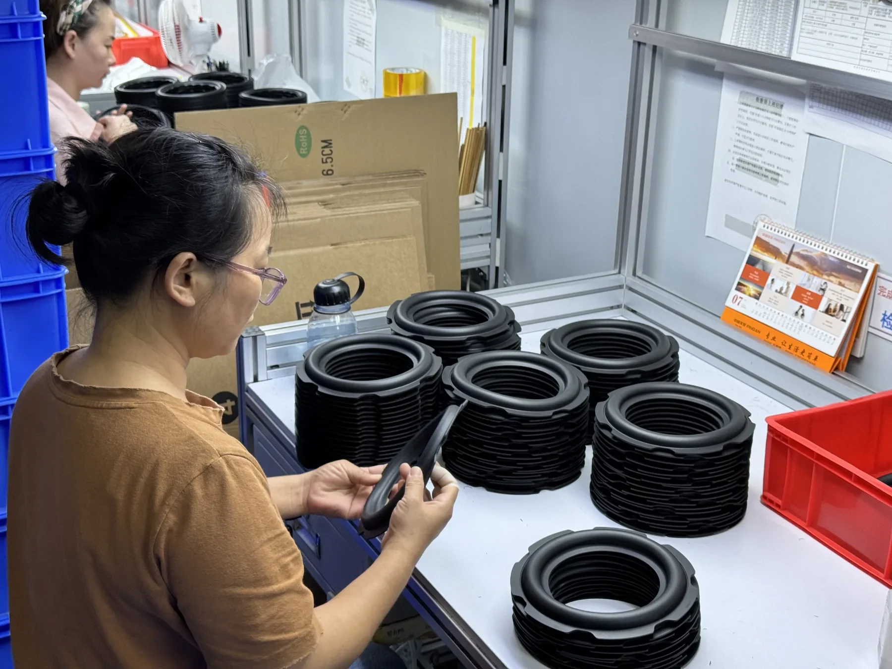 Physical inspection of molded speaker surrounds at a source factory